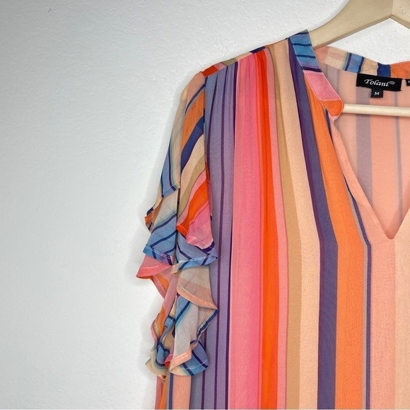 Tolani Multicolor Striped Ruffle Short Sleeve Top V Neck Round Hem Orange Blue - Picture 2 of 8
